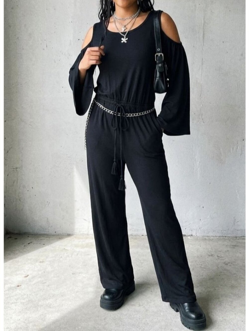Vintage 90s Y2K Hot Kiss Black Jumpsuit Cut Out Shoulder Small